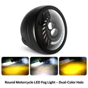 Round Motorcycle LED Fog Light – Dual-Color Halo
