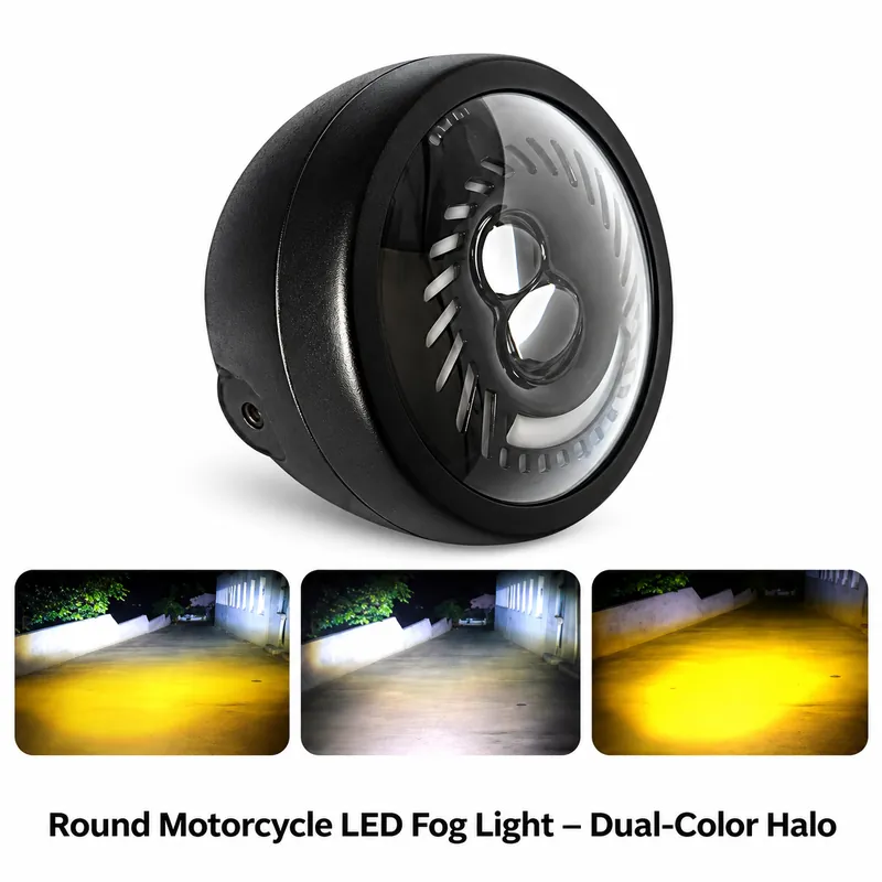 Round Motorcycle LED Fog Light – Dual-Color Halo