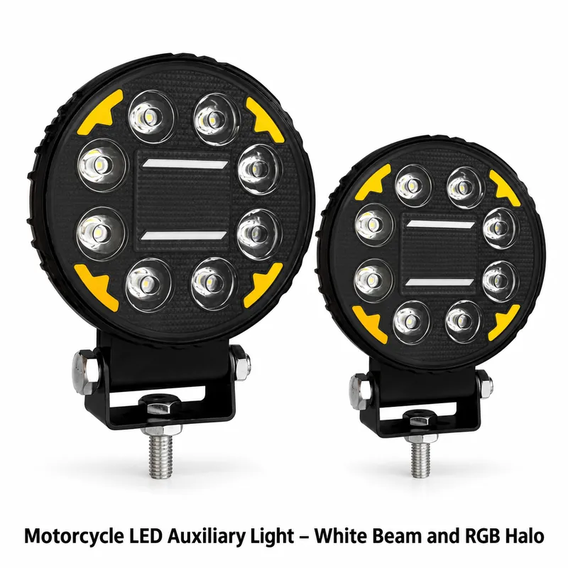 Motorcycle LED Auxiliary Light – White Beam and RGB Halo